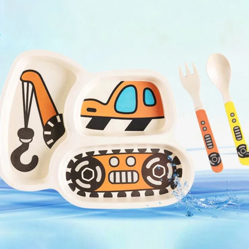 Kids Plates Set, Plate Fork And Spoon 3-Piece Set - Toddler Plates Dinnerware Dinner Dish Set Baby Feeding Divided Plate