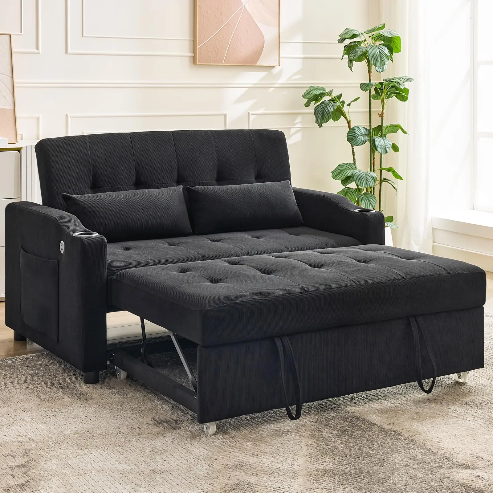 Sofá Cama, Futón, Sofás Cama con Cama Extraíble, Sofá Cama Convertible con USB para Espacios Pequeños
