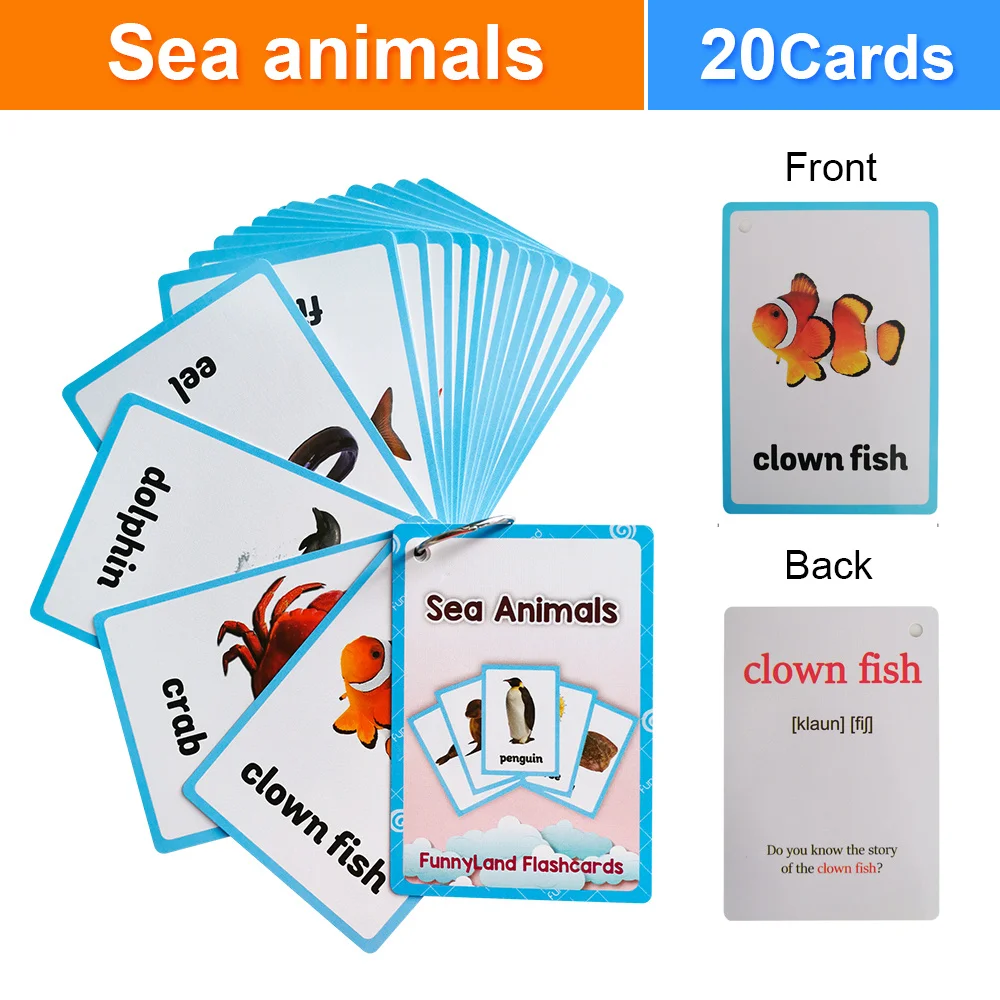20Pcs Sea Animals Theme English Flashcards for Kids Baby Vocabulary Educational Cards Learning Toys Teaching Aids