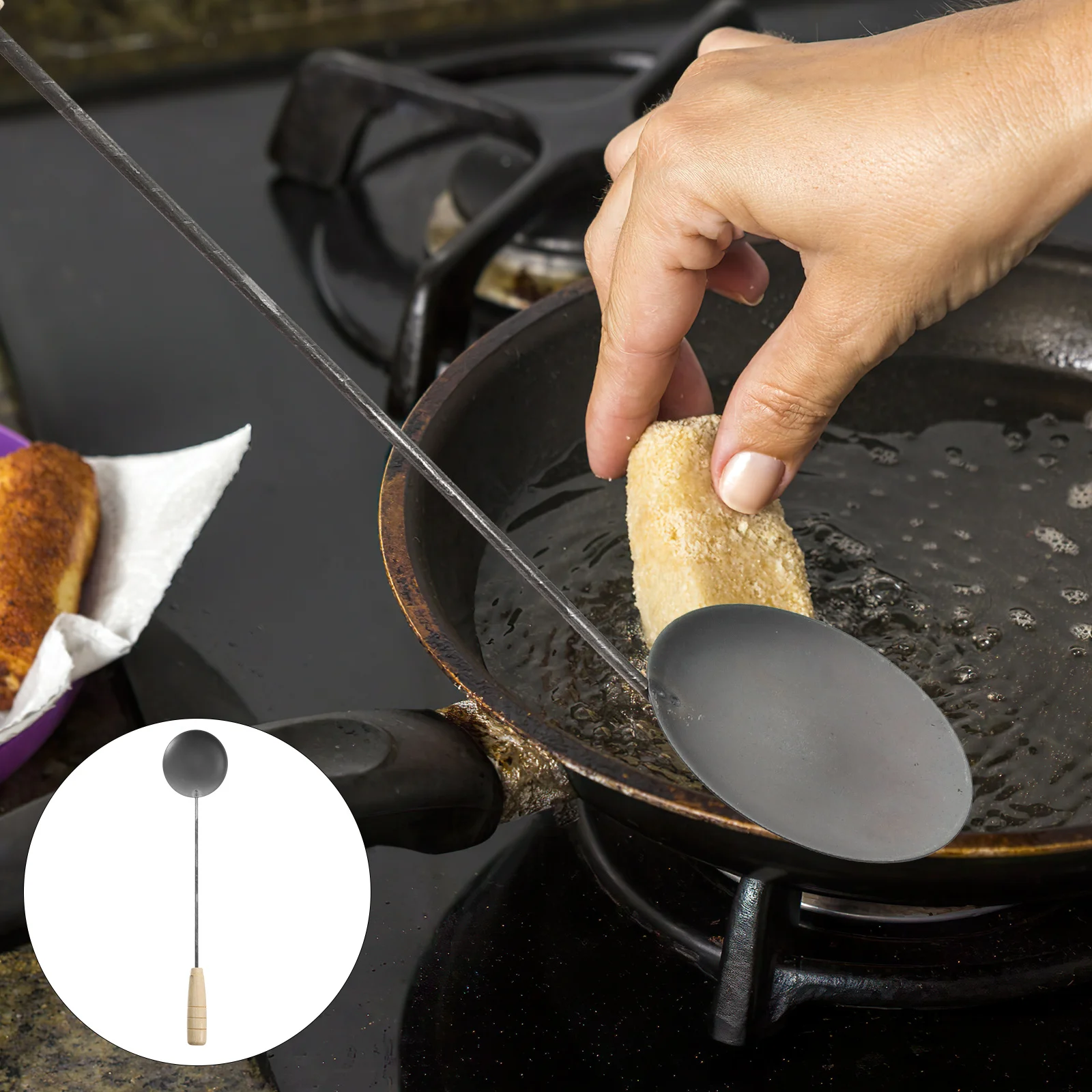 

Metal Frying Spoon with Handle Flat Pancake Spatula for Home Kitchen Restaurant Non-Stick Oil Spoon Cooking Utensil