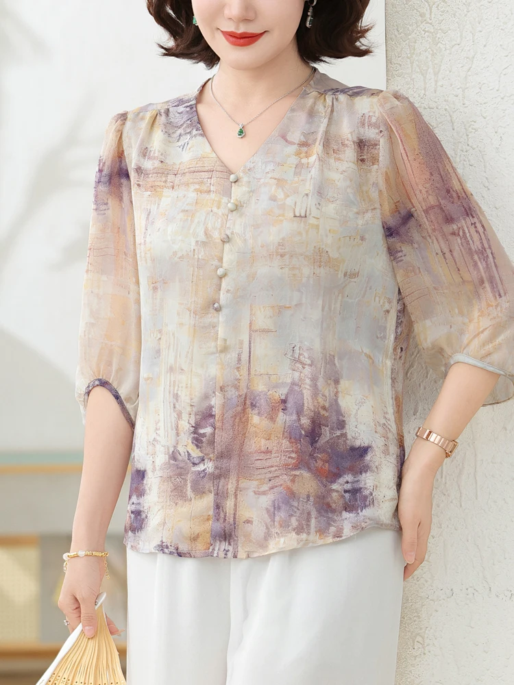 

Short Sleeve Shirt 2025 New Summer Chinese Style Woman Clothing Print Blusas Para Mujer Top Casual Loose Blouses For Women