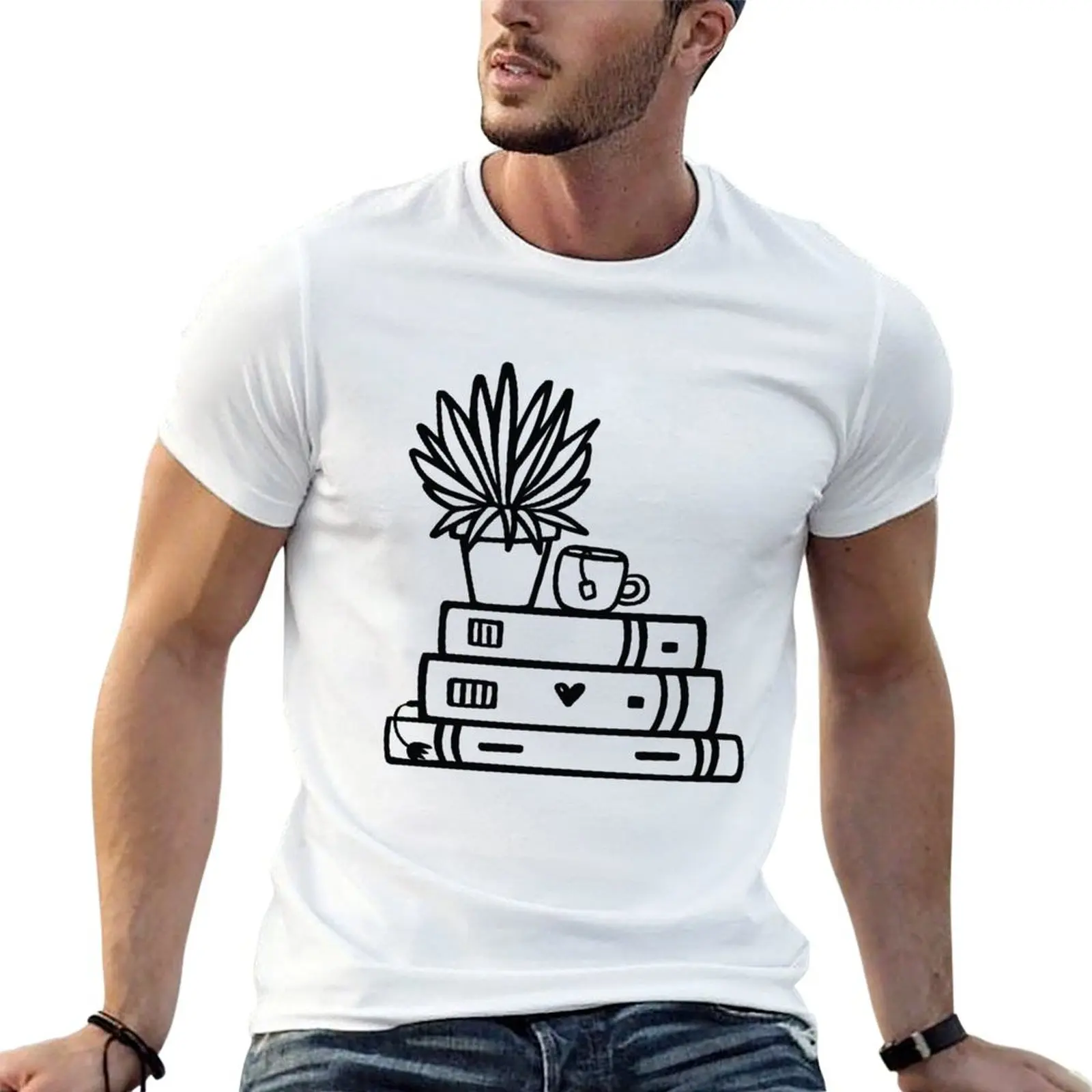 Books, Tea Cup, Plant T-Shirt Functional Casual Short Sleeve Tee