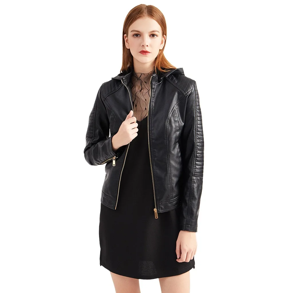 New Women's Autumn Winter Large Size Hooded Short Velvet Leather Thermal Casual Jacket