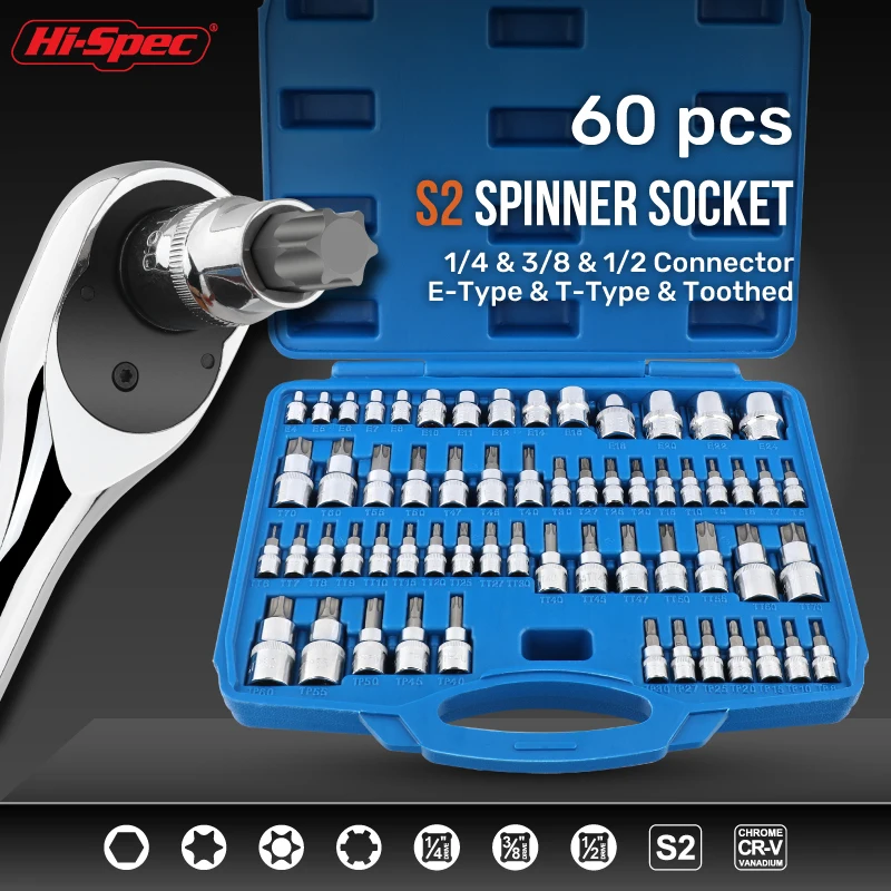 

Hi-Spec 60Pcs 1/2" Impact Hex Bit E Socket Set Drive Socket Adaptor Convertor Reducer Set For Repair