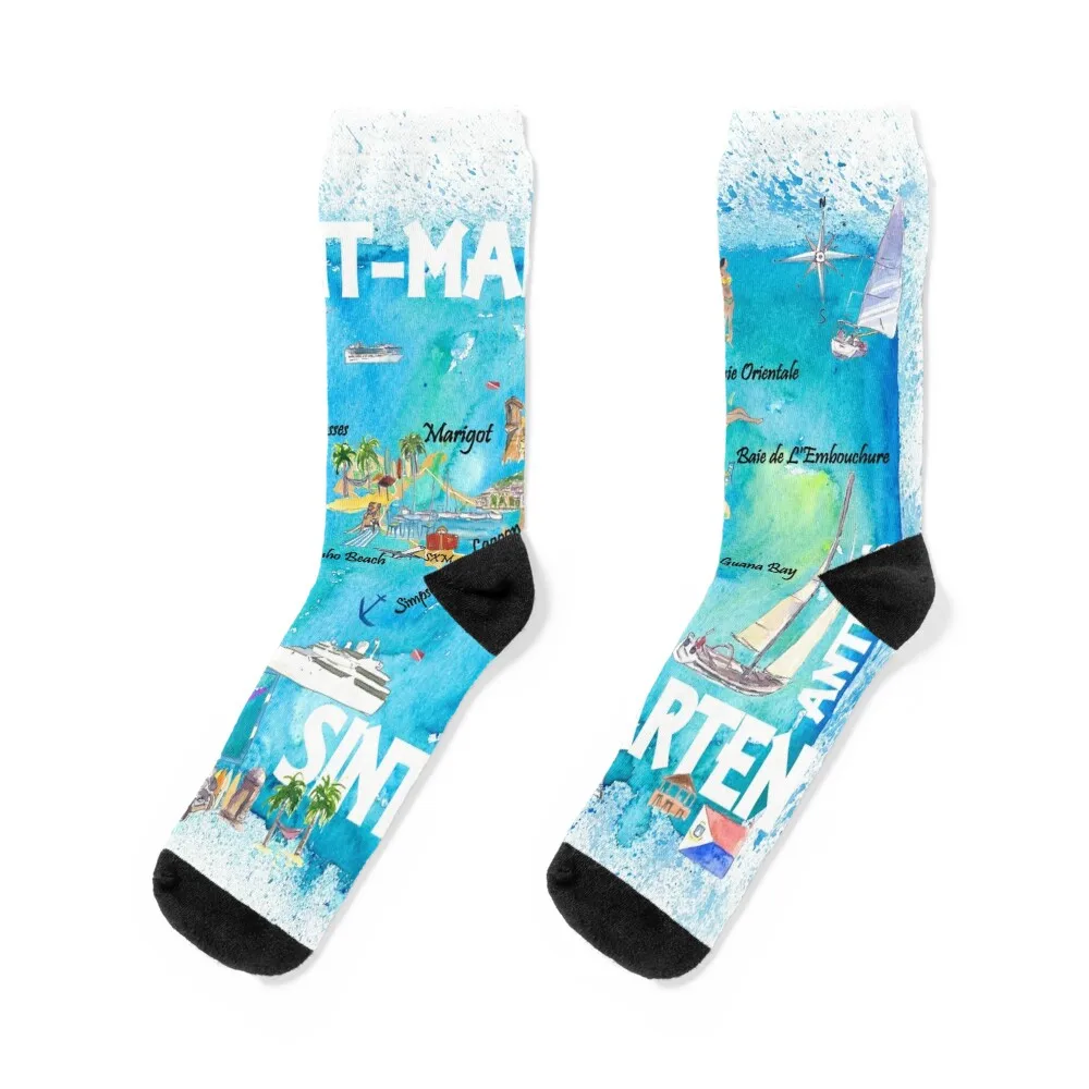 

Saint-Martin Sint Maarten Antilles Illustrated Caribbean Travel Map with Highlights of West Indies Island Dream Socks