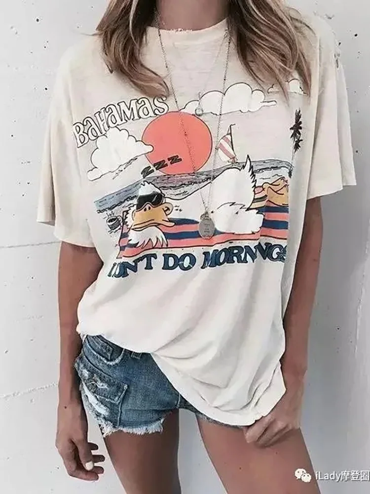I Don't Do Mornings Beach Duck T-Shirt Women Summer Cute Fashion Relaxing Vintage Tee