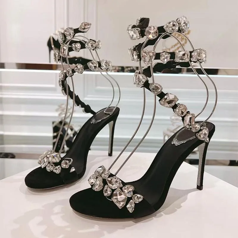 فستان أحذية حجر الراين ديكور حزام مطاط رقيقة عالية الكعب Sandalias النساء الأفعى على شكل التشابك الصنادل الصيف أحذية الحفلات