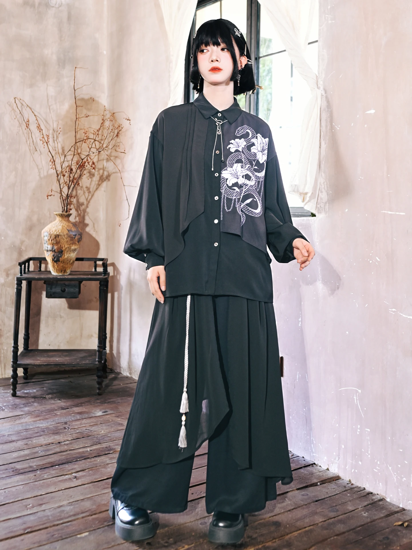 K chinois Sle Double couche imprimé irt Design lanterne Sve Patchwork flocon de neige haut femmes coupe ample longue Sve Blouse