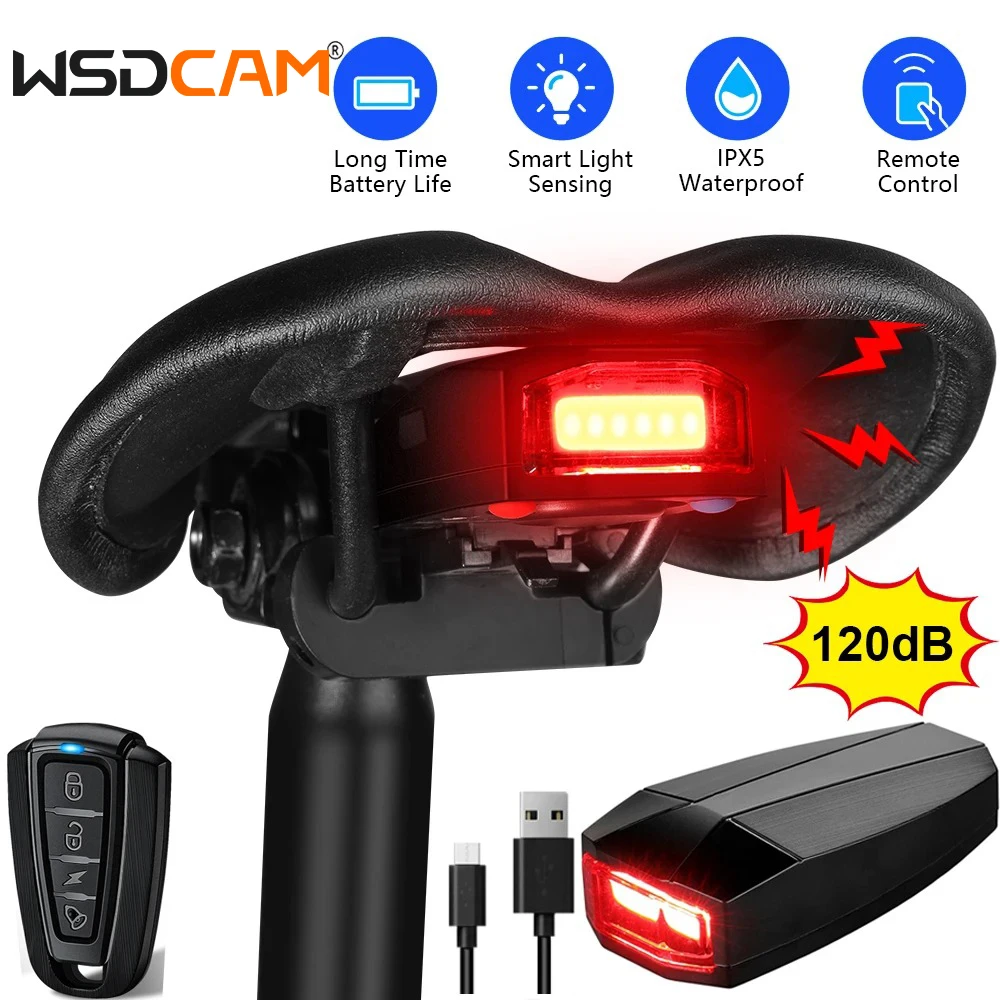 WSDCAM Wasserdichter kabelloser Fahrradalarm, Fahrradrücklicht, Diebstahlalarm, USB-Aufladung, Fernbedienung, LED-Rücklicht, Fahrradfinder