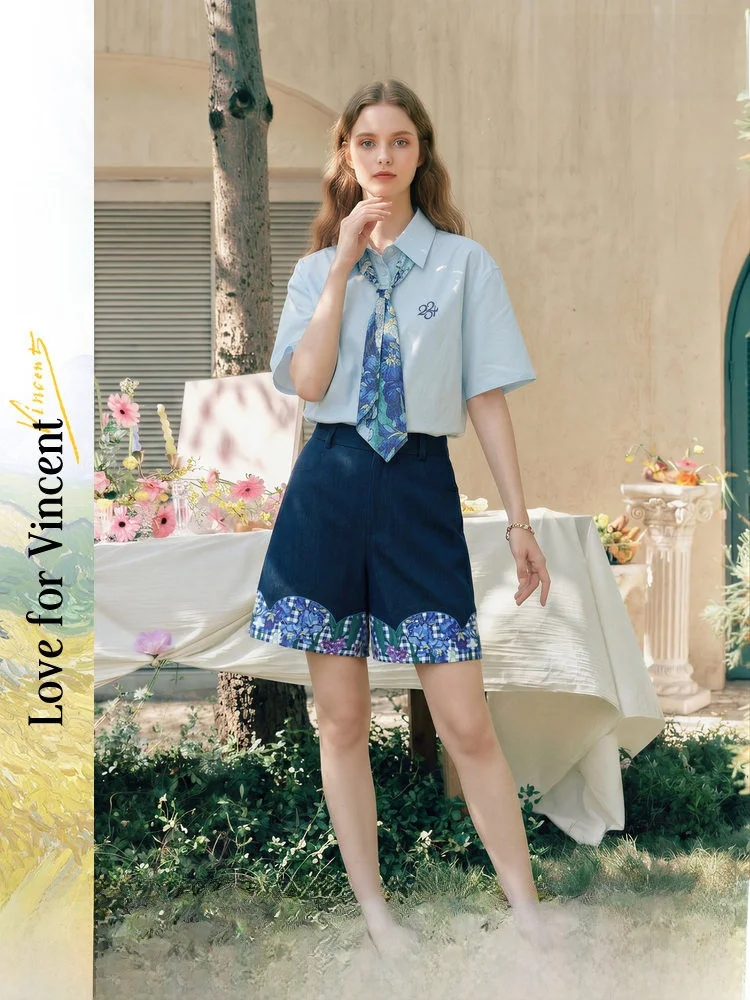 

Женские шорты с высокой талией и прямым кроем, с художественным винтажным принтом и пэчворком, повседневные брюки, летняя новинка, стиль Three Two Thing