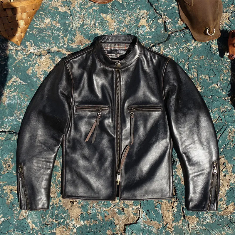 

J00 Sle m Yellow Tea Core Faded Brown Leather Jaet Мужское кожаное пальто с воротником-стойкой Slim Fit ort Faion Urban Sle