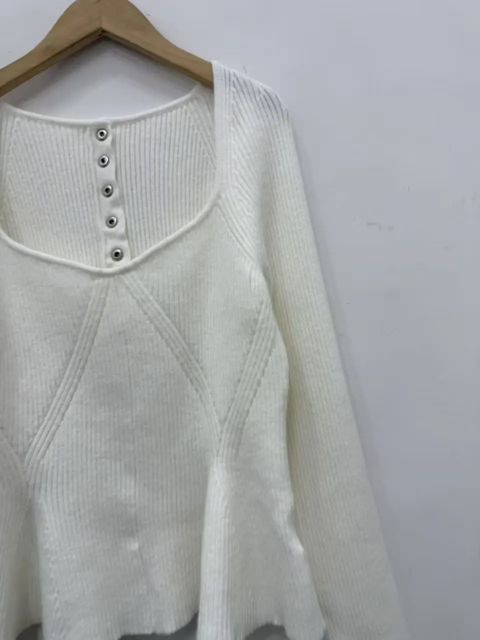 

Spring Women's Square Collar Knitted Sweater Waist Cinching Ruffles Hem Female Long Sleeve Knitwear Pullover Top