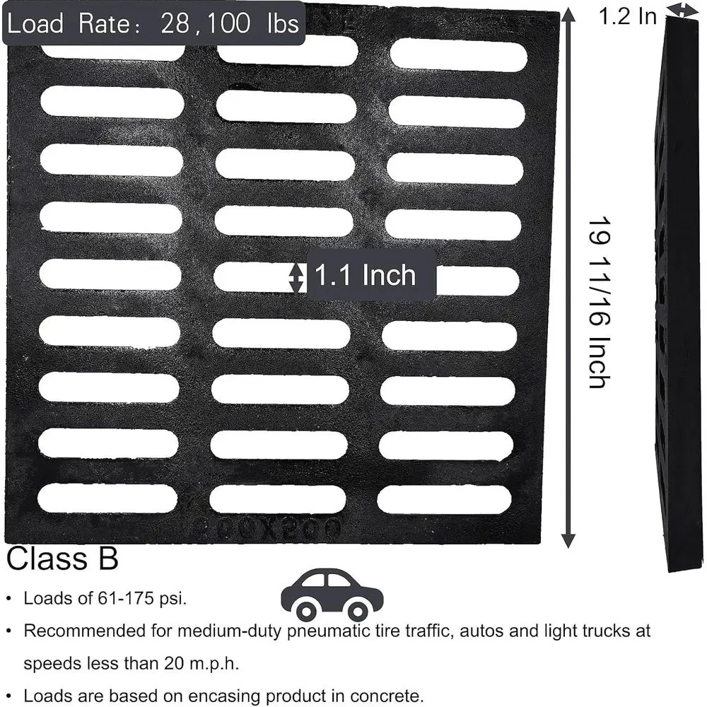 Grelha de Drenagem para Calha de Garagem 20x20 polegadas, Reforçada Classe B, Preta, para Uso Externo
