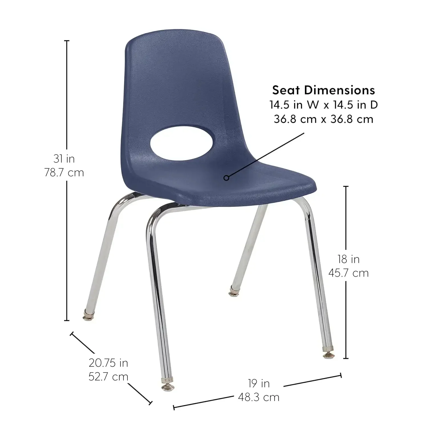 Direct Partners 10384-NV Cadeira escolar empilhável de 18", assento de estudante empilhável com pernas de aço cromado e deslizamentos giratórios de nylon para in-Ho