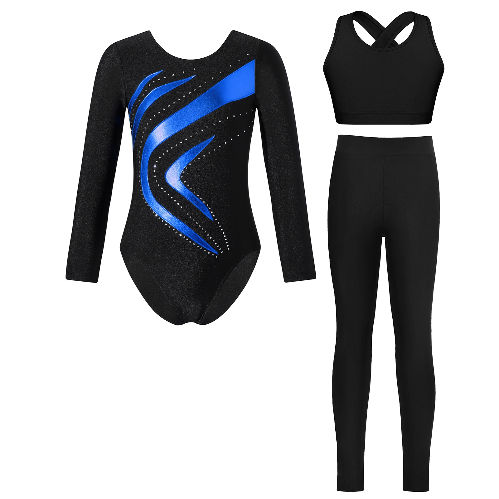 3Pcs Kids Girls Gymnastics Outfit Shiny Rhinestone Metallic Contrast Color Leotard Vest Leggings for Figure Skating Dancewear