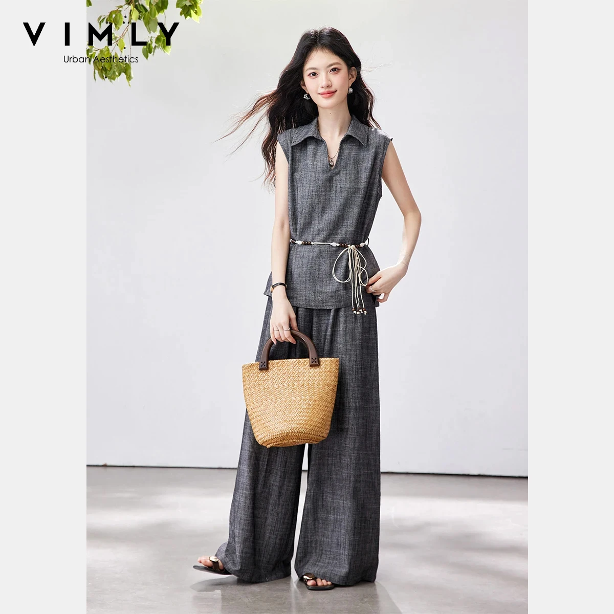VIMLY Old Money Style 2 Piece Set Women 2026 Summer New Grey Sleeveless Top Detachable Belt Wide Leg Pants Casual Outfit 30817