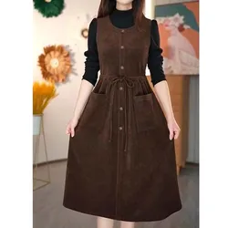 2024 Winter Fake Two piece Corduroy Dress Stylish Women's Dress Draw pleats Slim Waist Dress Women's Retro Knee Over Middle Long