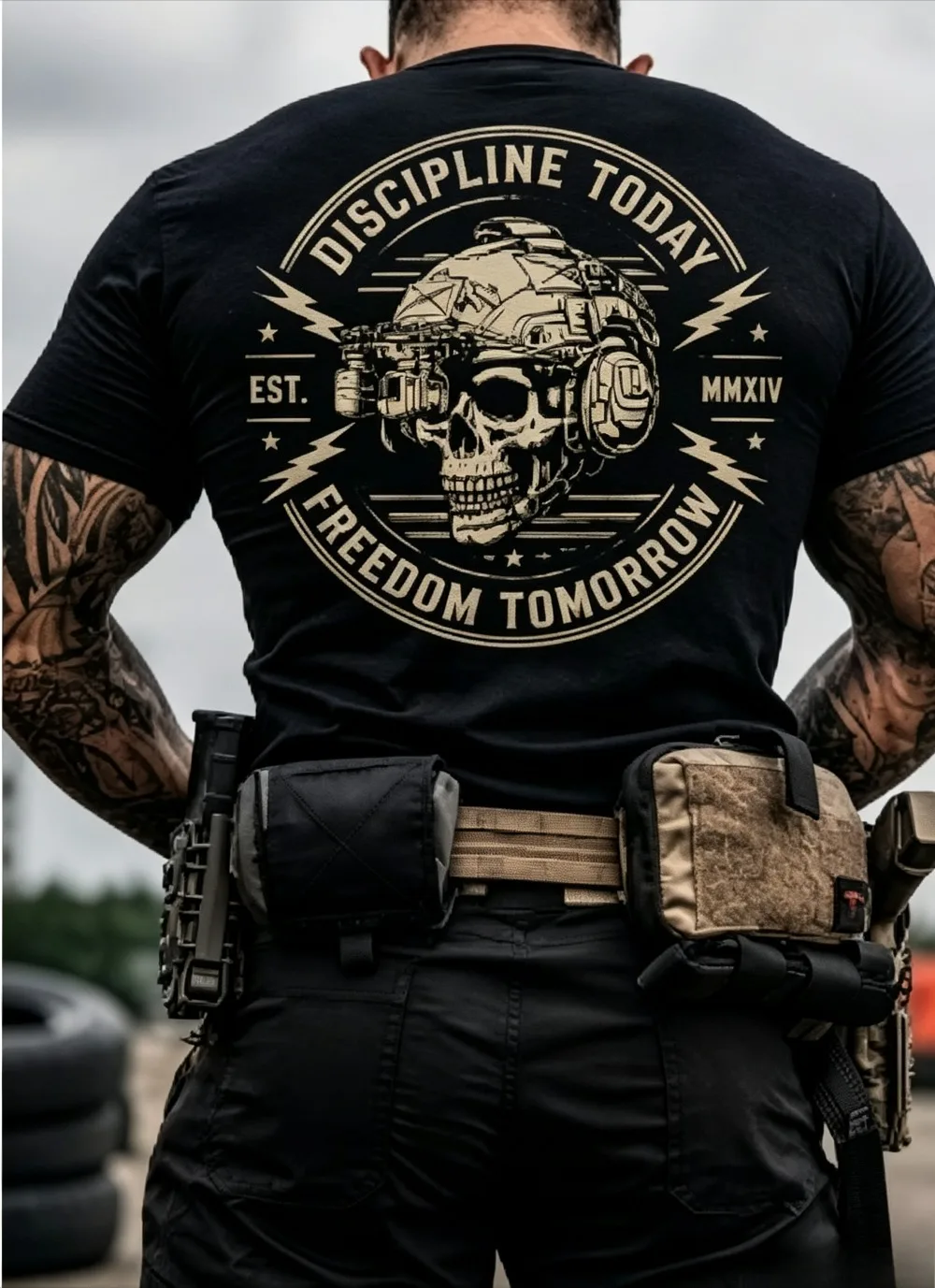 2026 New Men's Military Skull Graphic T Shirt Discipline Theme Black Oversized Outdoor Streetwear Casual Tee