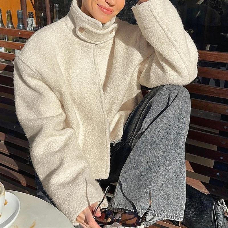 

Women Solid Jackets Casual Sherpa Coats Zipper Patchwork Stand Collar Thick Short Long Sleeve Loose Slight Strech 2025 Autumn