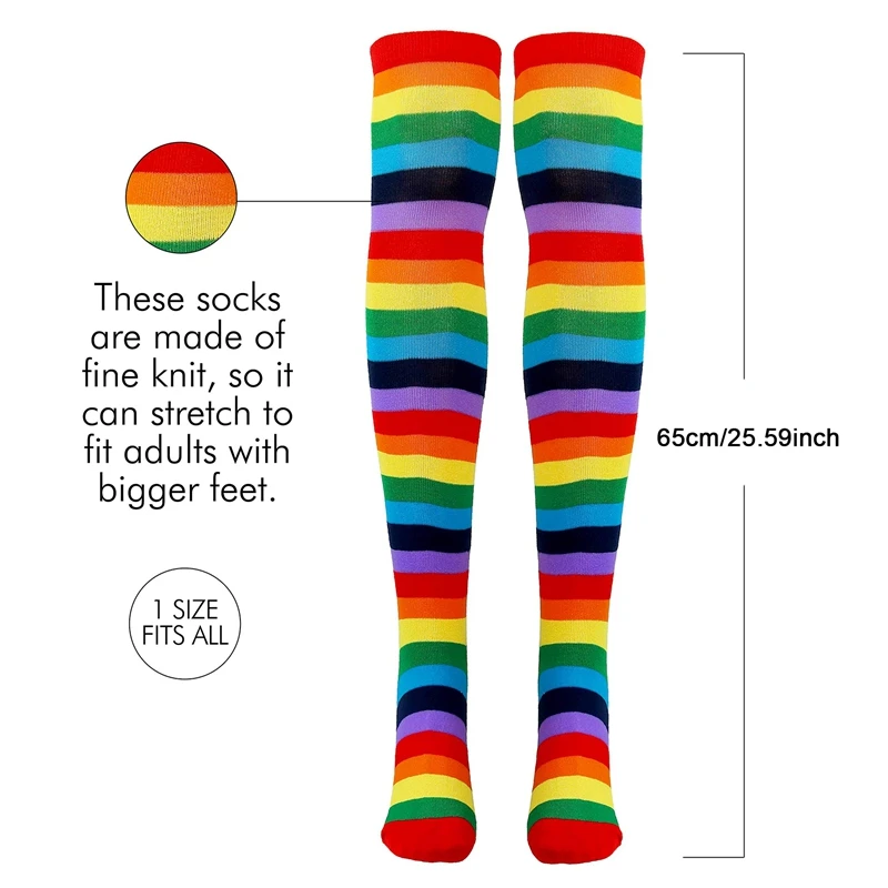 Colorful Rainbow Striped Socks Over The Knee Clown Striped Costume High Stockings For Halloween Cosplay Circus Parties