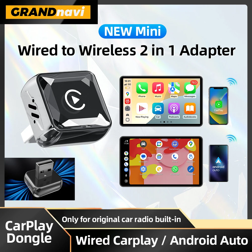 2IN1 Wireless CarPlay Adapter Android Auto Dongle Diamond Face Type C/USB Smart Car Connectivity Box No Latency Fast Connection