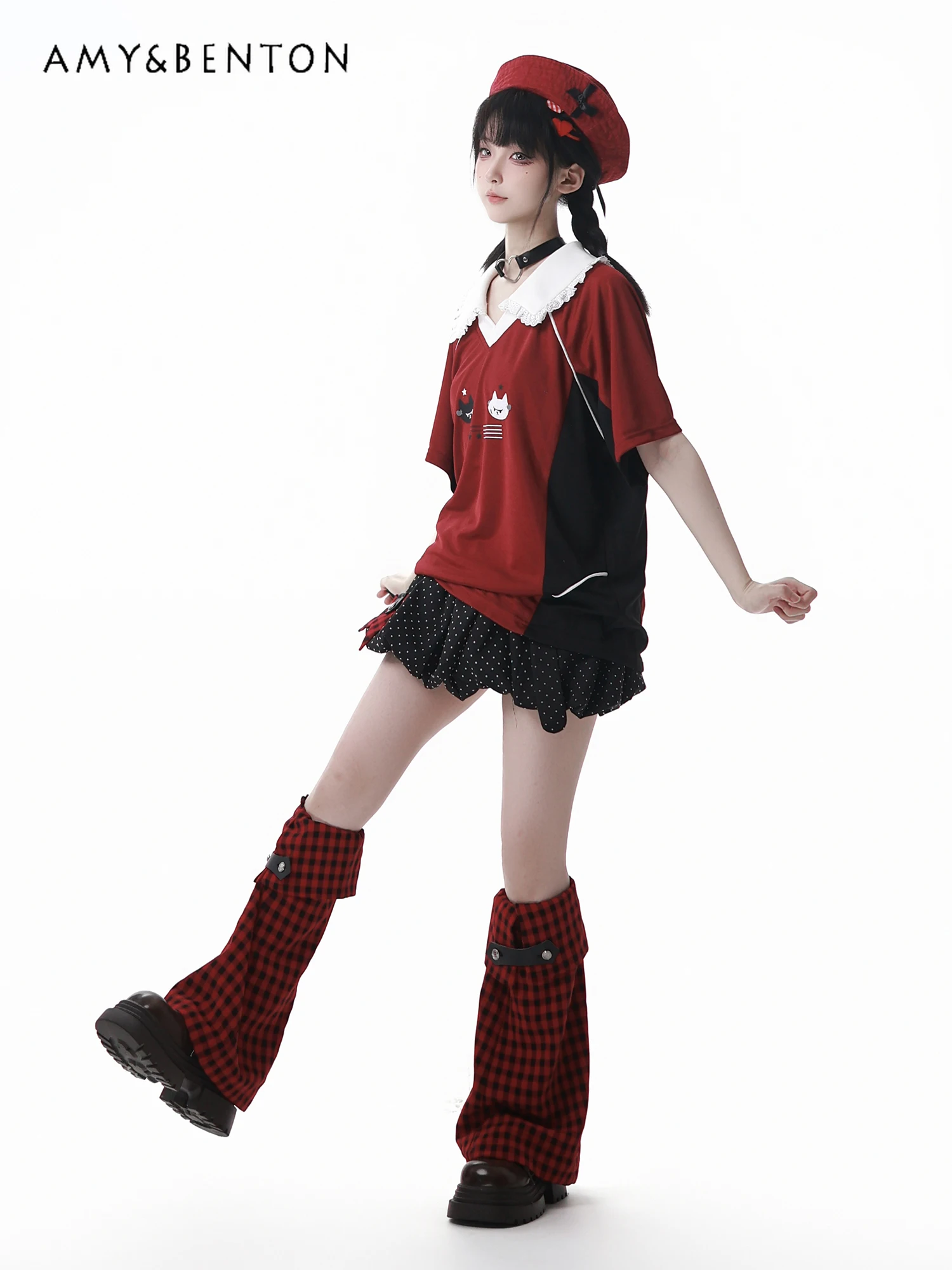 Verão doce menina bolinhas impressão roupas casuais bonito gola de boneca emenda cor de manga curta topo tutu saia conjunto de duas peças