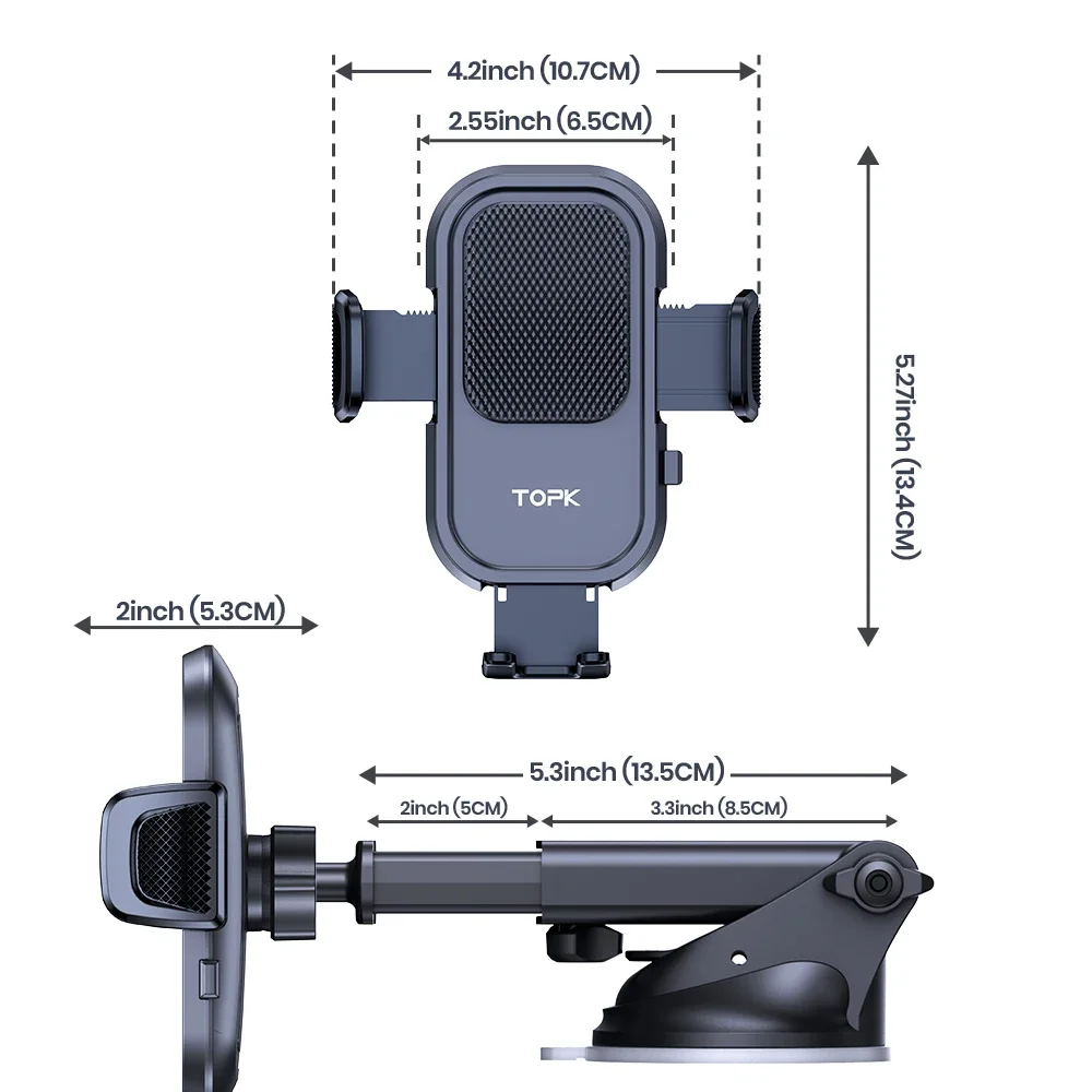TOPK Car Phone Holder Adjustable Dashboard & Windshield Mount | Ultra Stable, Universal for All Smartphones