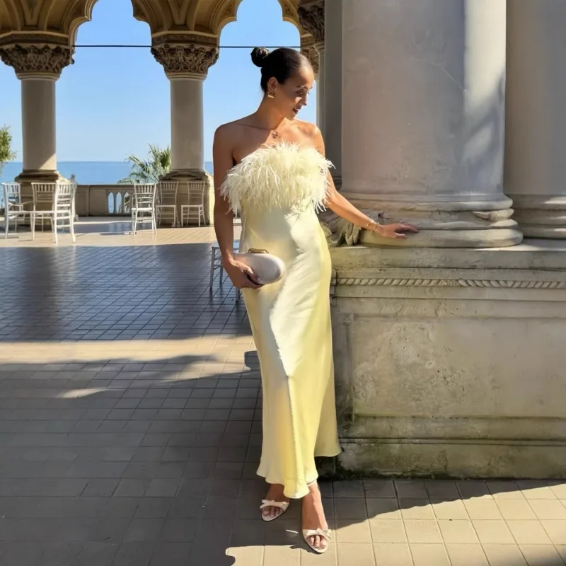 

Yellow Satin Fringe Maxi Dress Women Elegant Strapless Sleeveless Waist Cinched Long Dresses 2026 New Summer Holiday Lady Robes