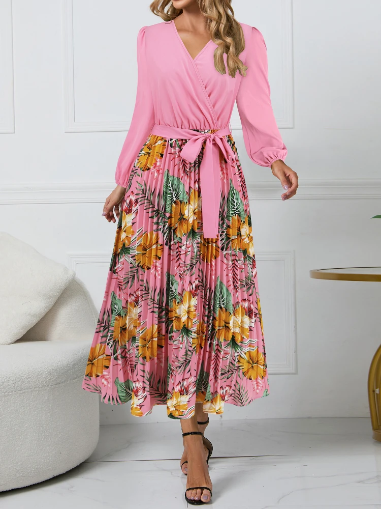 Women's New Autumn Slim Pleated Dress Fashion Patchwork Temperament V-neck Printed Long-sleeved Skirt Vestidos De Fiesta