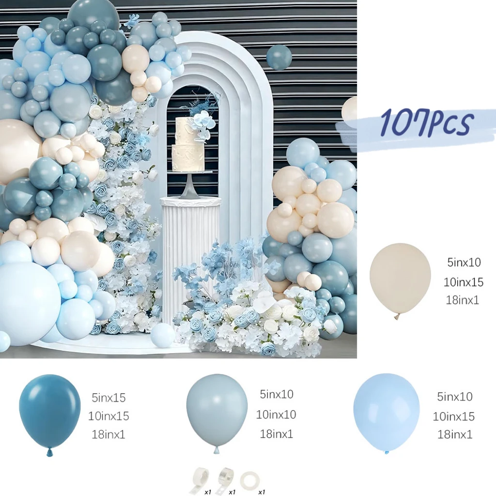 107Pcs Dusty Blue and White Balloon Arch Garland Kit Macaron Blue Sand White Balloon for Baby Bridal Shower Birthday Party Decor