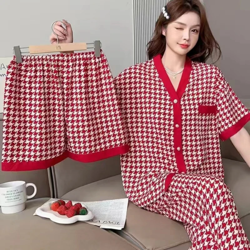 Elegant Classic Y2k Three-piece Pajamas for Women 2024 New Spring/summer Sleepwear Short Sleeves+Shorts+Pants V-Collar Home Suit