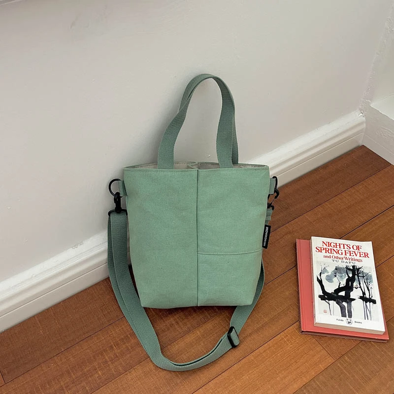 Canvas Tote Handbag Multi‑pocket Casual Shoulder Bag Removable Crossbody Strap Solid‑color Daily Shopping Small Bucket Purse
