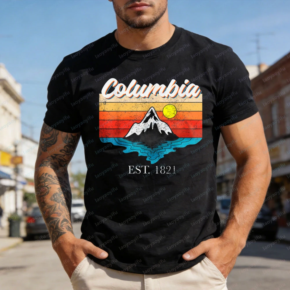 Camiseta Columbia Mountain Sunset para hombre, camiseta de algodón de manga corta a la moda, regalo para aventuras al aire libre, ropa para entusiastas de los deportes al aire libre