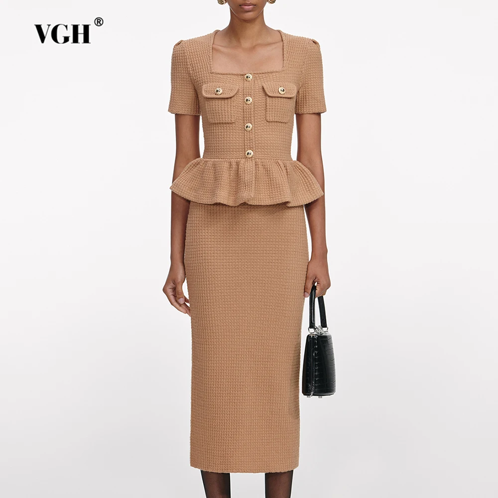 

VGH Slimming Elegant Solid Ruffle Dresses For Women Square Collar Short Sleeve High Waist Temperament Dress Female Fashion New
