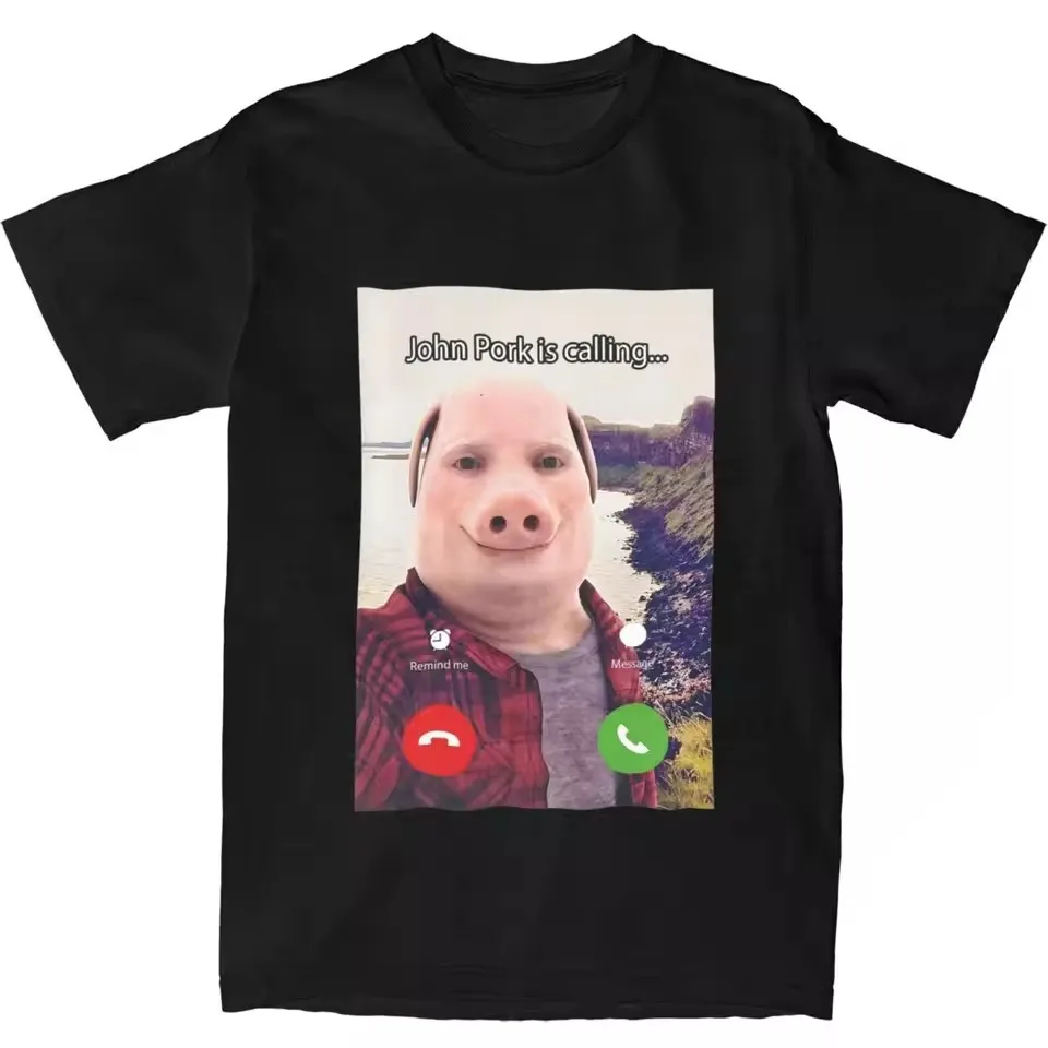 John Pork Is Calling Answer Call Phone T-Shirt Humor Lustiges Schwein Grafik T-Shirt Streetwear Hochwertiges Baumwoll-Kurzarm-T-Shirt