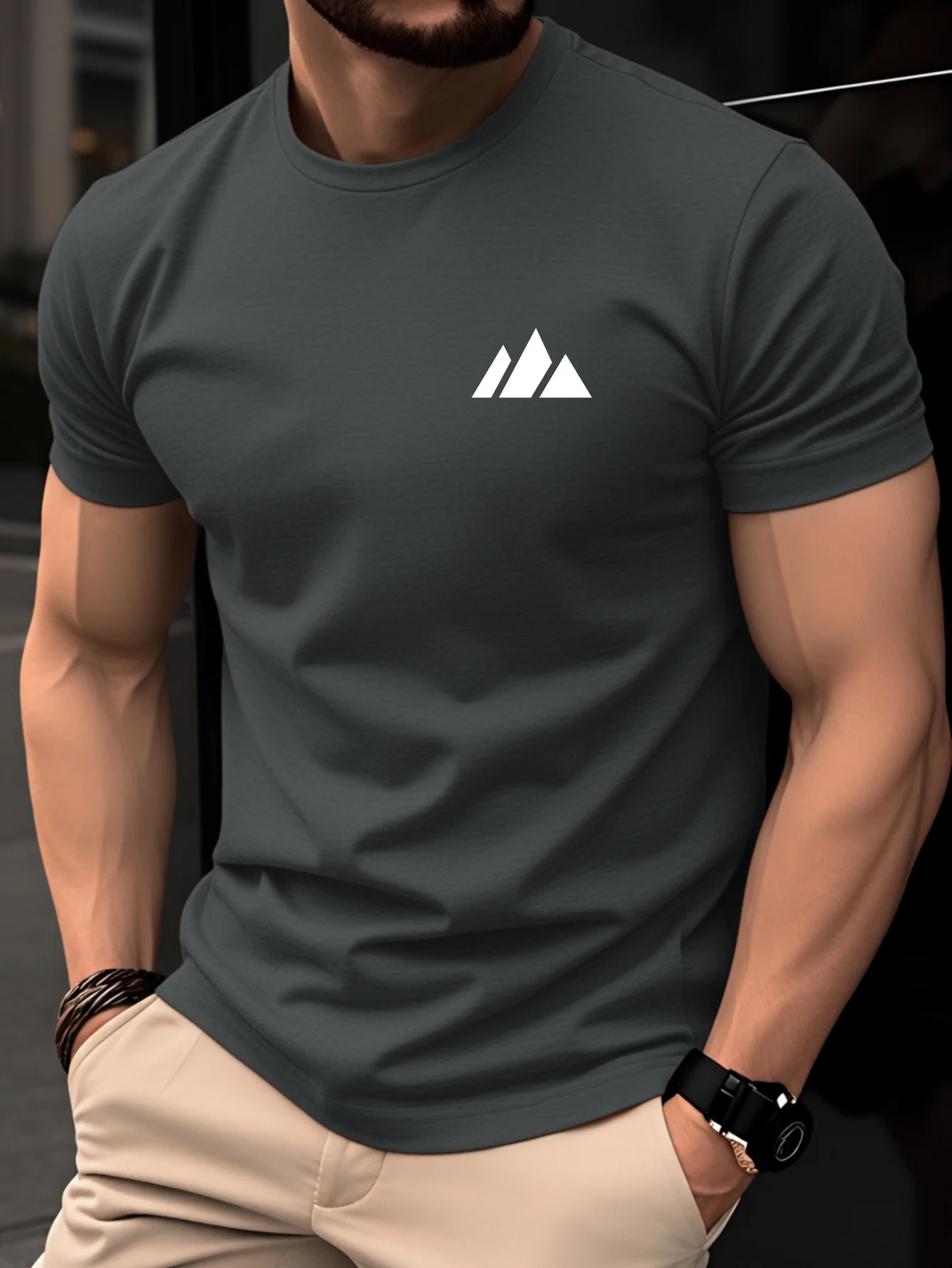Camiseta 100% de algodón para hombre, camiseta informal de moda para el día a día, transpirable, con patrón geométrico simple de triángulos, Top de manga corta con cuello redondo para verano