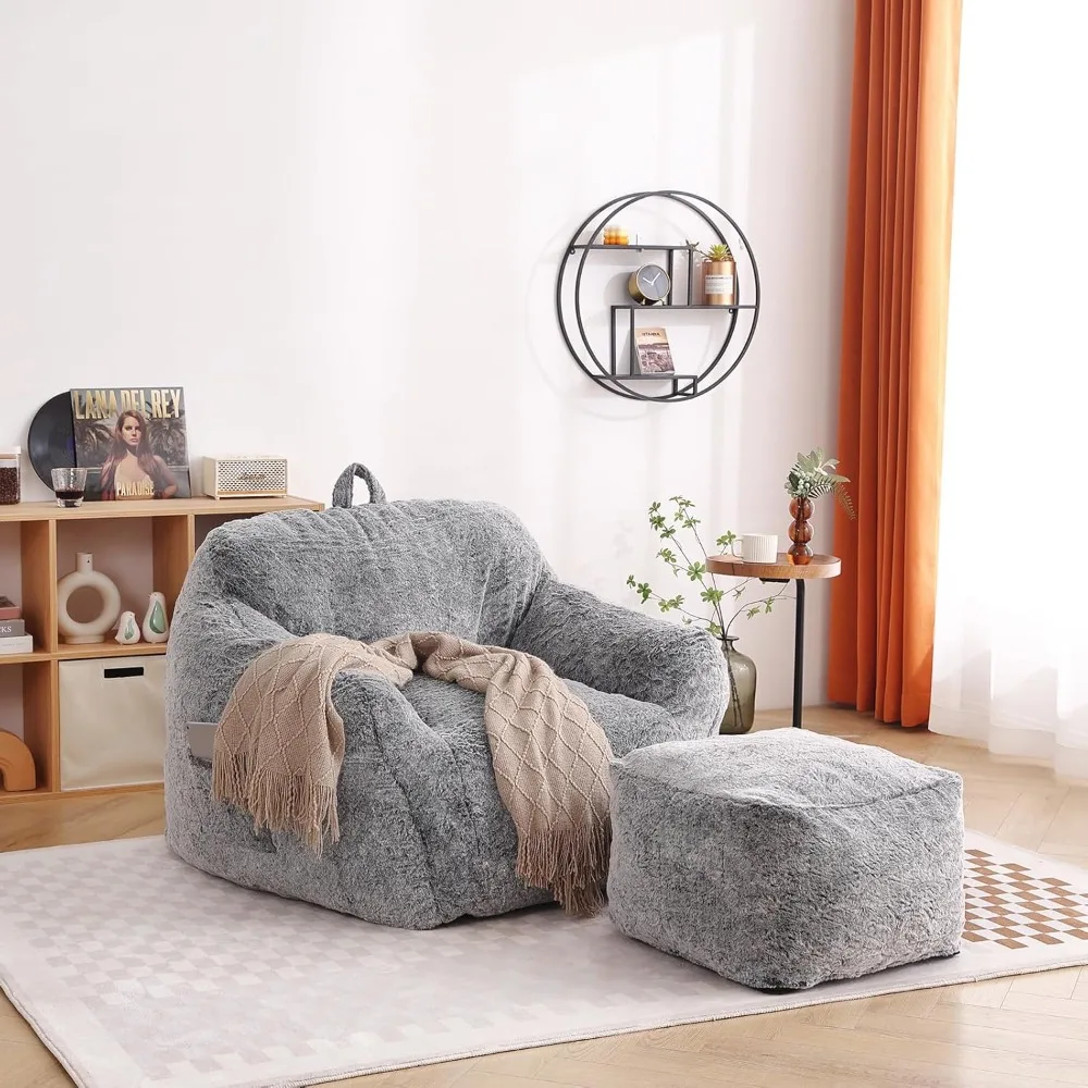 Silla tipo Bean Bag, brazo de piel sintética con otomana, acolchado de espuma de alta densidad con bolsillo y reposapiés, sofá Lazy Bean Bag