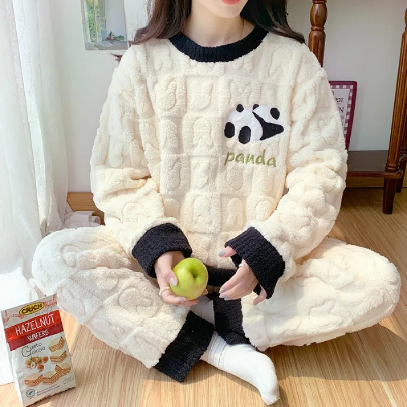 Large Size Coral Fleece Pajamas Winter Women Soft Fleece Thickened Cute Cartoon Loose Plus Fat Mm Loungewear Set Home Outerwear