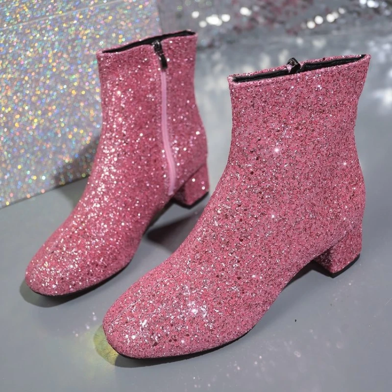 Fashion Women's Boots Bling Solid Color Side Zipper Luxury Boots for Women Comfortable Midsole Boot Party Girls Zapatos De Mujer