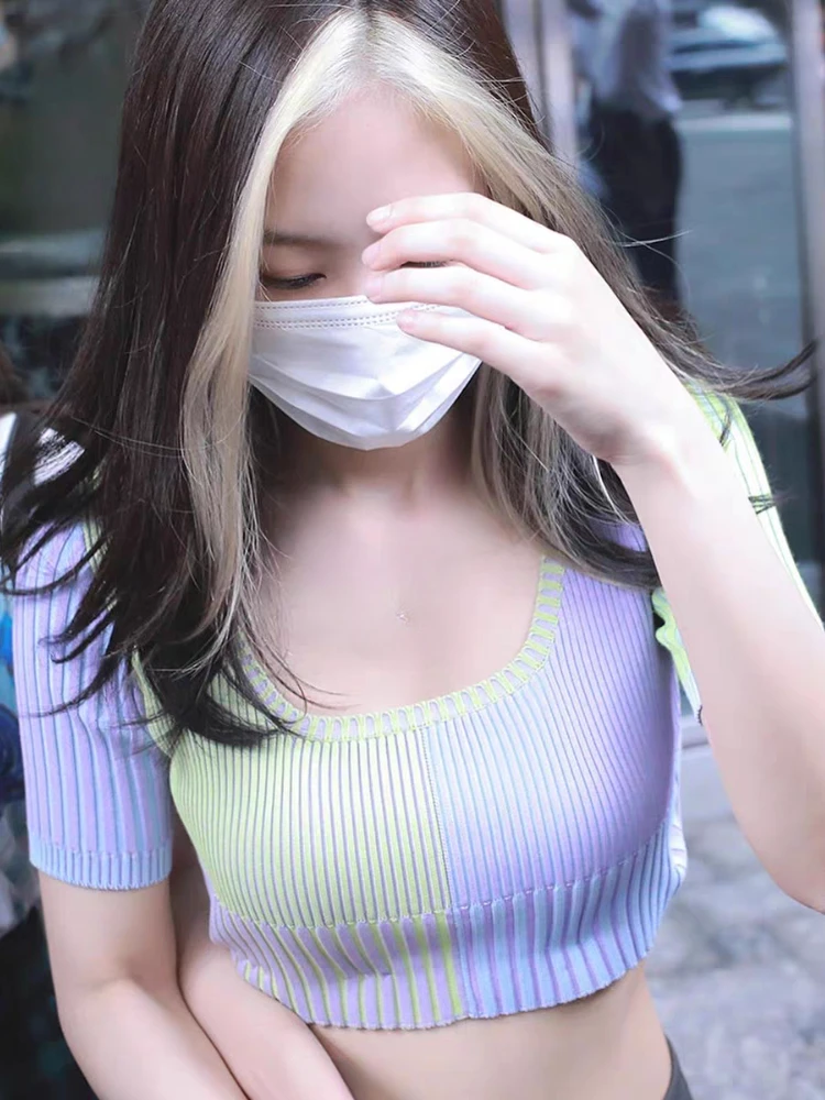 

Kpop Korean Singer Summer Women Concert Costume Sexy Knit Short Sleeves T-shirt Slim Crop Tops Jazz Dance Performance Clothing