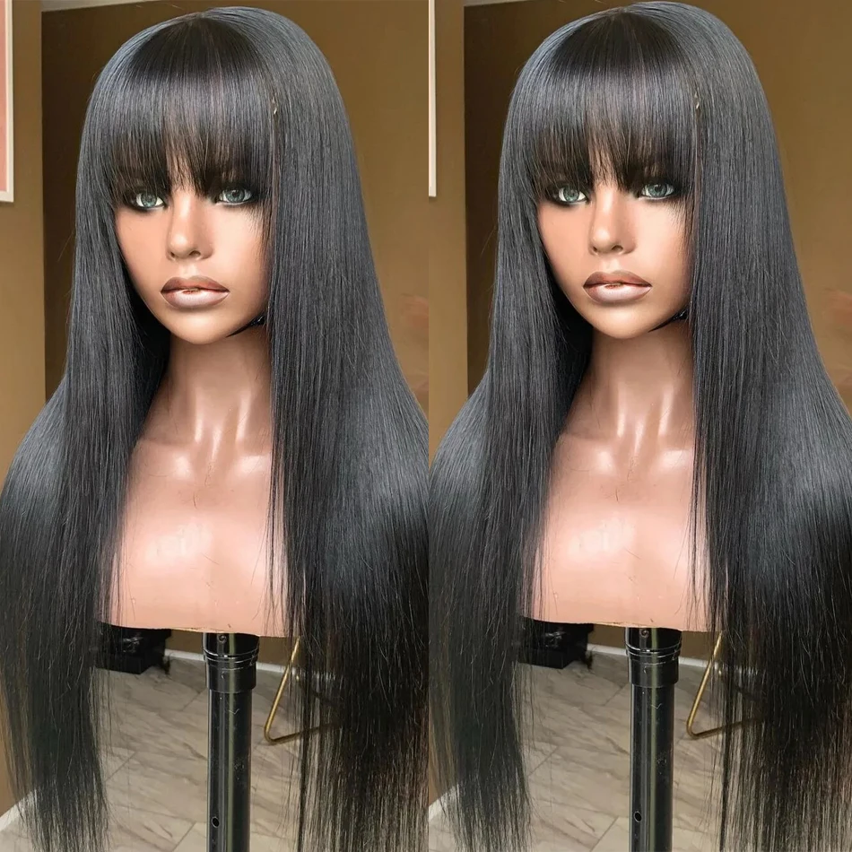 Wiggogo 3X1 Middle Part Lace Wig 100% Human Hair Straight Human Hair Wig With Bangs Glueless Wig Human Hair Ready To Wear And Go