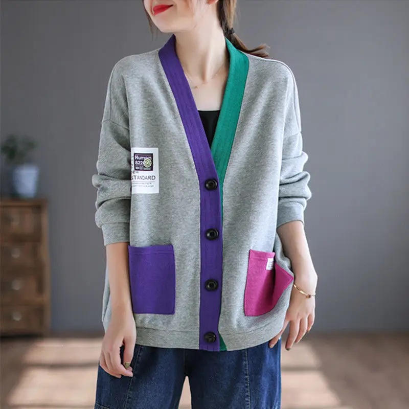 

Women's Loose Pockets Patchwork Cardigan 2023 Spring and Autumn Fashion Button V-neck Casual Contrast Color Coats for Female