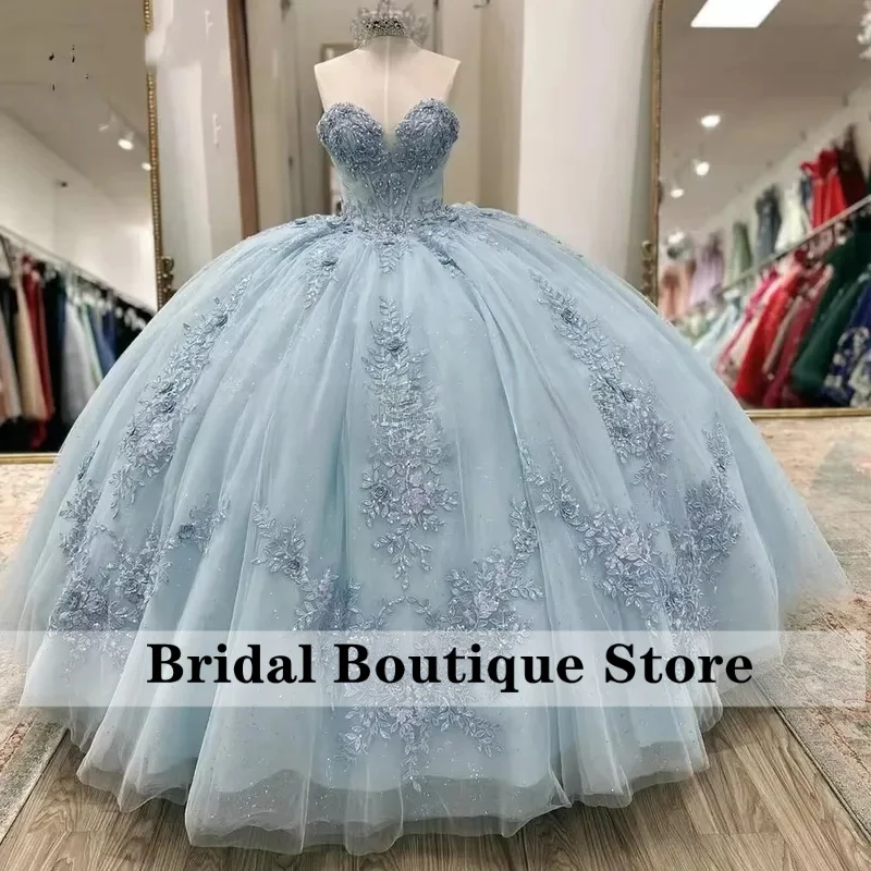 

Customized Vestidos De 15 Años Quinceañeras Light Blue Lace Appliqued Quinceanera Dress Caped Birthday Party Dress For Women