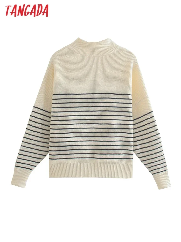 Tangada 2023 Autumn Winter Women Striped Loose Knitted Sweater Jumper Zipper Female Pullovers AB58