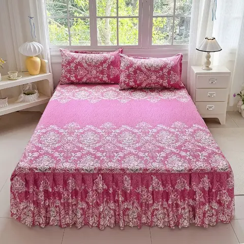 3pcs Bedskirt Set, Flower Printed All Seasons Universal Non-slip Bedding Set (Bed Skirt *1+ Pillowcase*2, Without Core)
