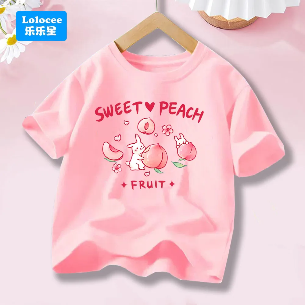 Fresh Sweet Peaches and Rabbit Print Girls' T-Shirt Kids Cotton T Shirts Loose Clothes Comfortable Sportswear Tops  TZ01