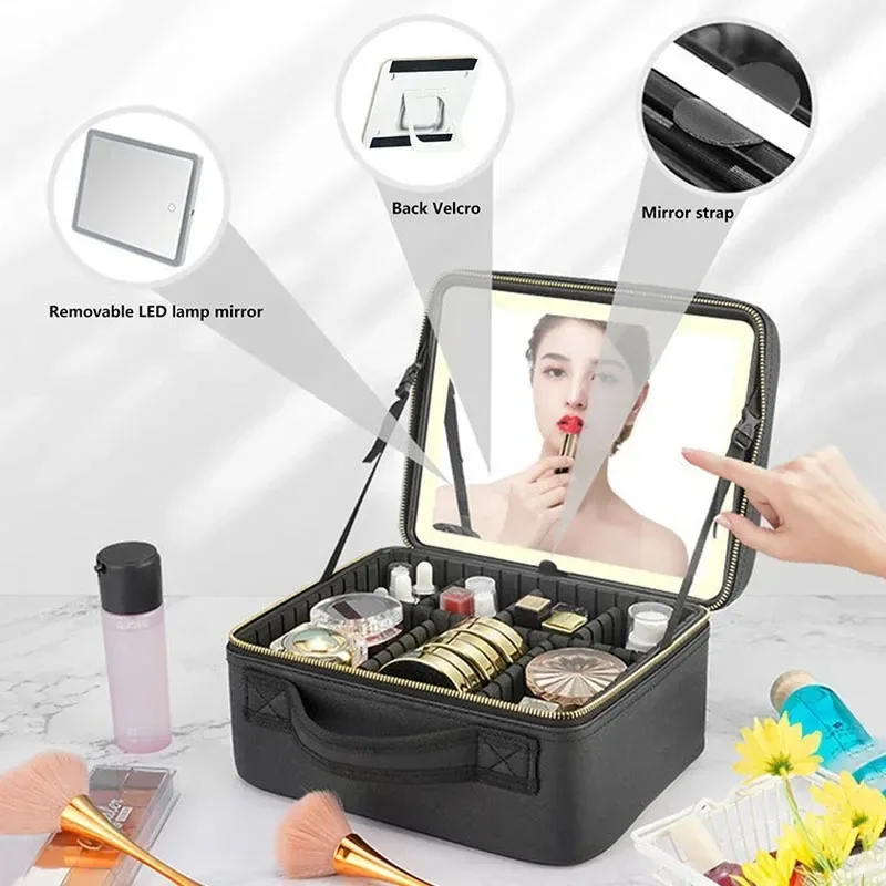 Smart LED Cosmetic Case With Mirror Travel Makeup Bag Large Capacity Female Beautician Skincare Product Makeup Case For Women