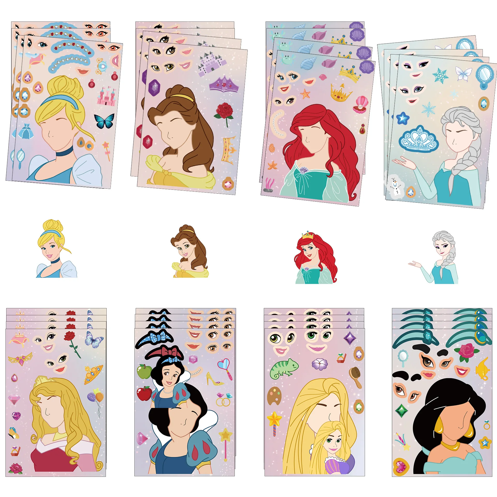 8pcs Disney Princess DIY stickers, perfect for girls' handmade crafts, cute cartoon stickers, DIY gifts, fun dress-up stickers