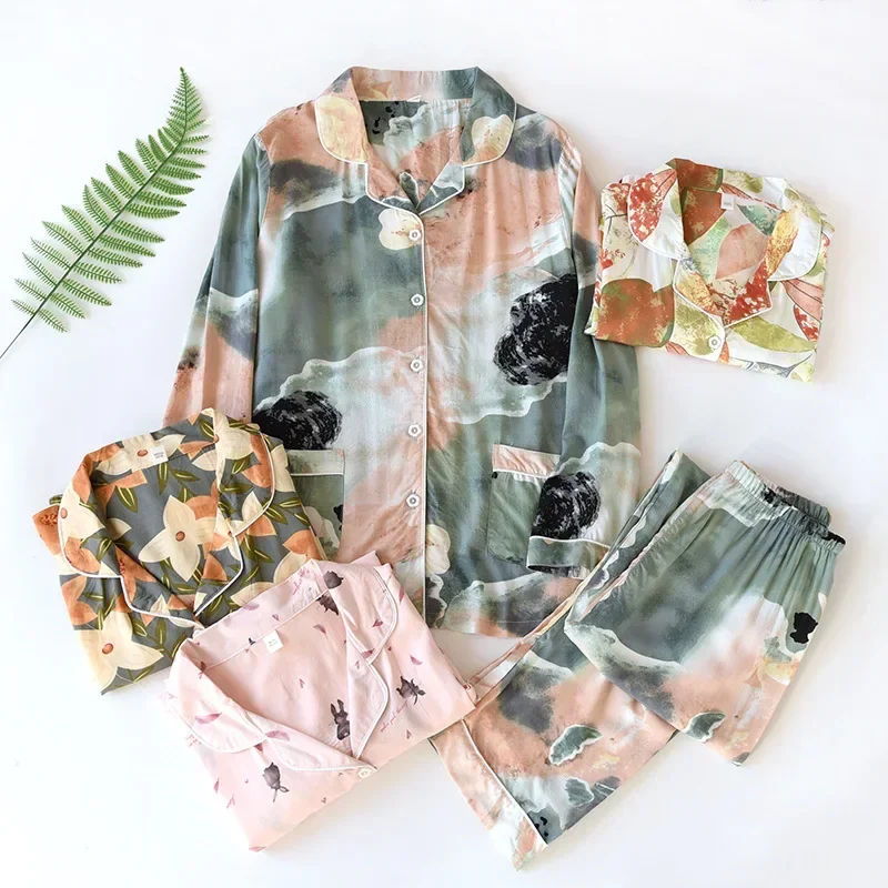 

New Spring And Summer Ladies Pajamas Two-piece Viscose Long-sleeved Trousers Big Flower Cardigan Comfortable Home Service Set