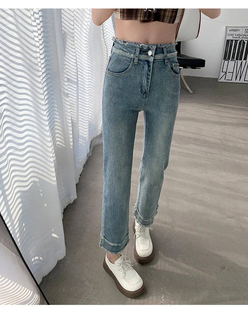 Jeans taille haute à jambe droite pour femmes, pantalons en denim minces, streetwear décontracté rétro, mode coréenne, fjY2k, LJ158